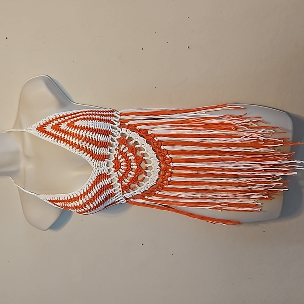 Hand Crafted Crochet Orange White Crop Top Fringe Summer - Picture 4 of 17